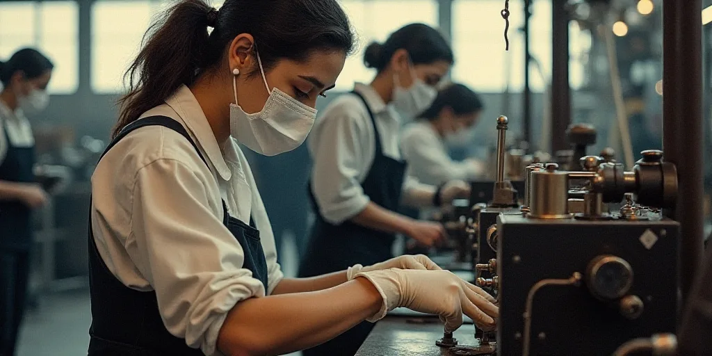 a woman in a mask and gloves working on a machine in a factory with other workers behind her looking