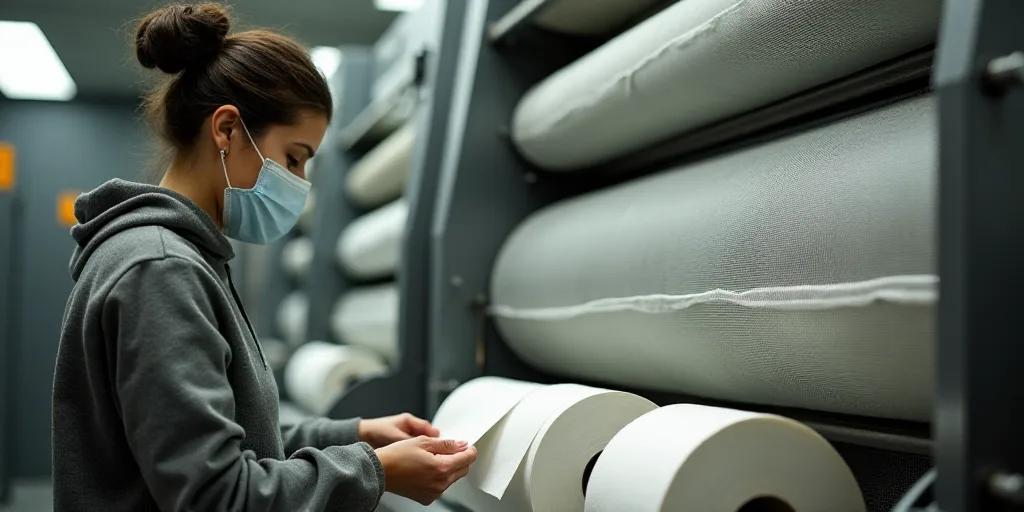 a woman in a mask is working on a machine with rolls of toilet paper on it and a machine with a roll