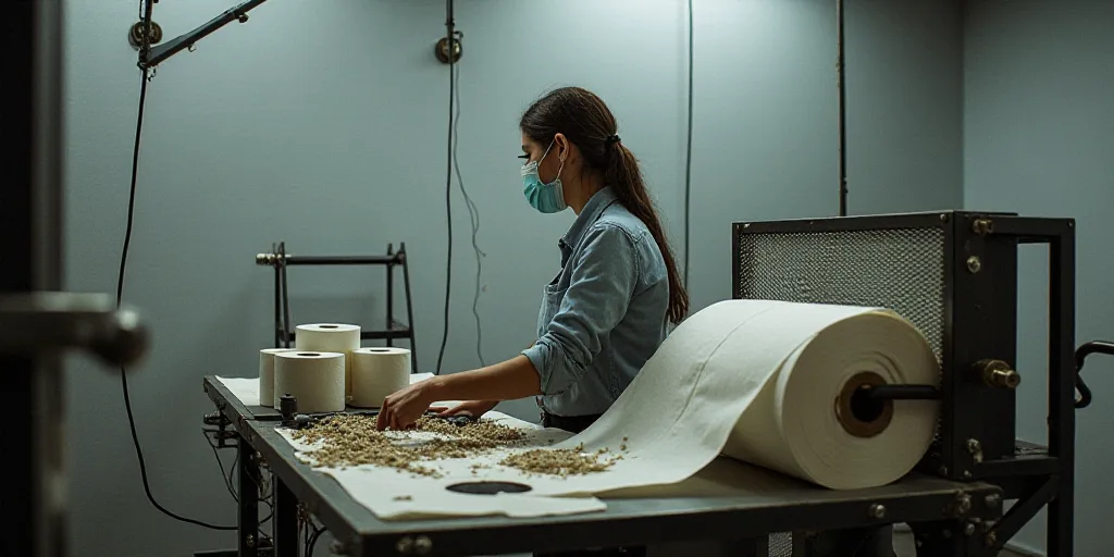 a woman in a mask is working on a machine with rolls of toilet paper on it and a machine with a roll
