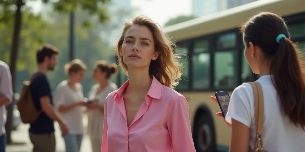 a woman in a pink shirt is standing near a bus and people are walking around her and one woman is ho