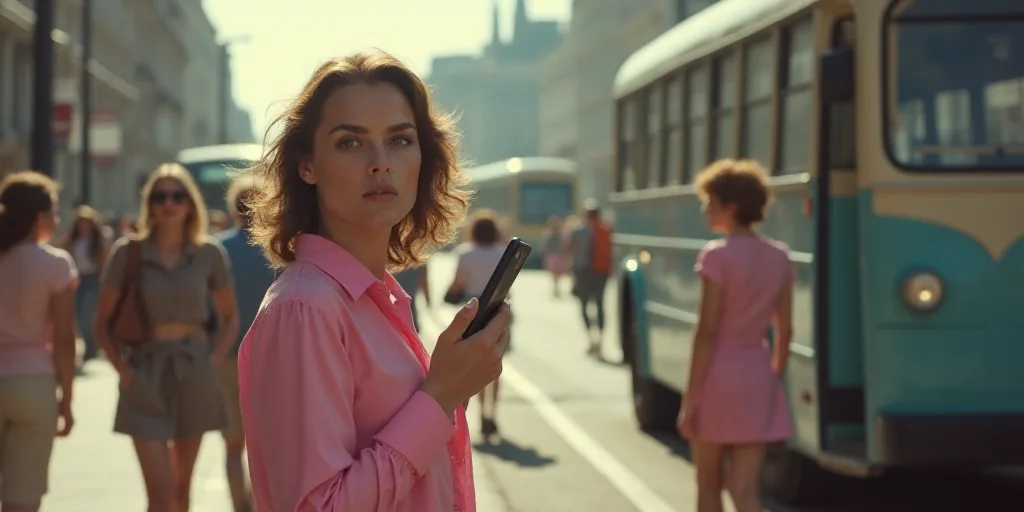 a woman in a pink shirt is standing near a bus and people are walking around her and one woman is ho