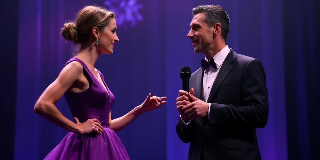 a woman in a purple dress and a man in a suit stand on stage talking to each other and one of them i