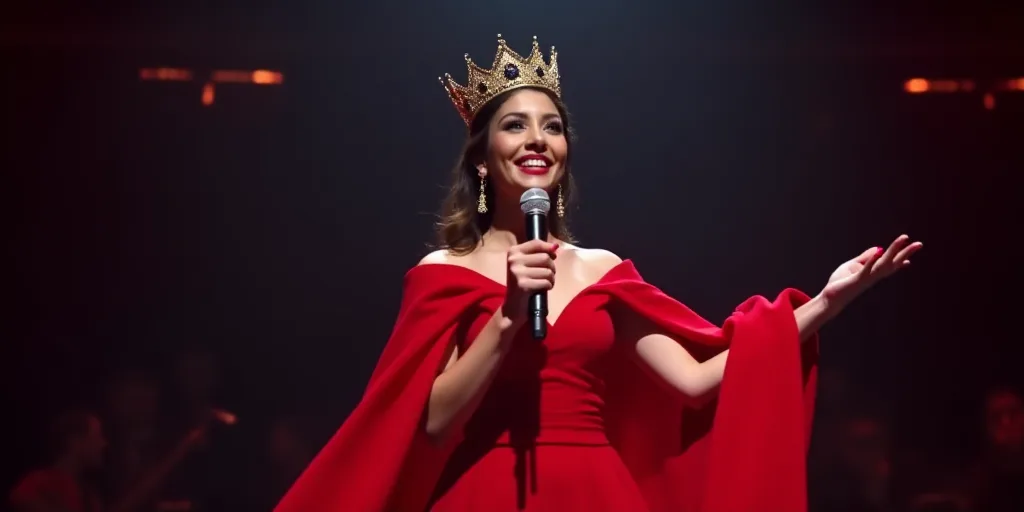 a woman in a red dress and a crown on stage with a microphone in her hand and a red cape on her shou