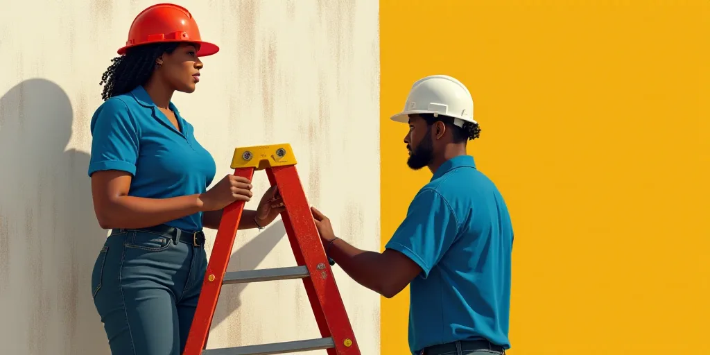 a woman in a red hat and a man in a blue shirt are working on a building site with a ladder, Afewerk