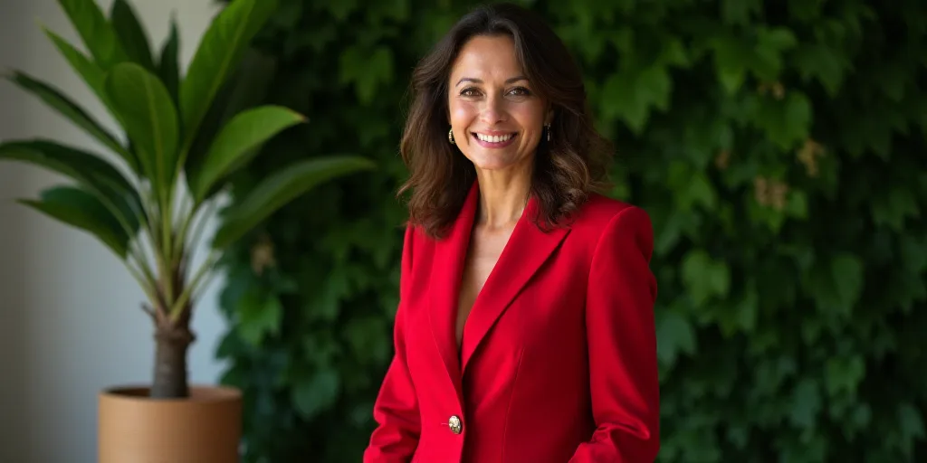 a woman in a red suit standing in front of a plant wall and a plant potted in the background, Barbar