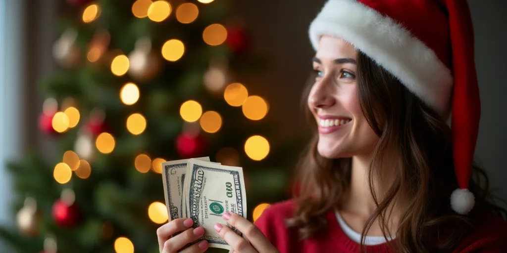 a woman in a santa hat holding a christmas card and money in front of a christmas tree with lights,