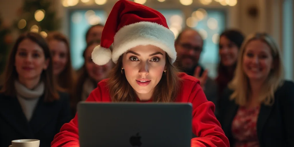 a woman in a santa hat is looking at a laptop computer while other people are in the background are