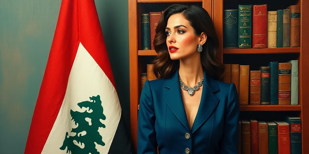 a woman in a suit and necklace standing in front of a flag and a bookcase with a cross on it, Boucht