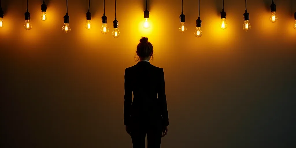 a woman in a suit is standing in front of a wall with many light bulbs hanging from it and a yellow
