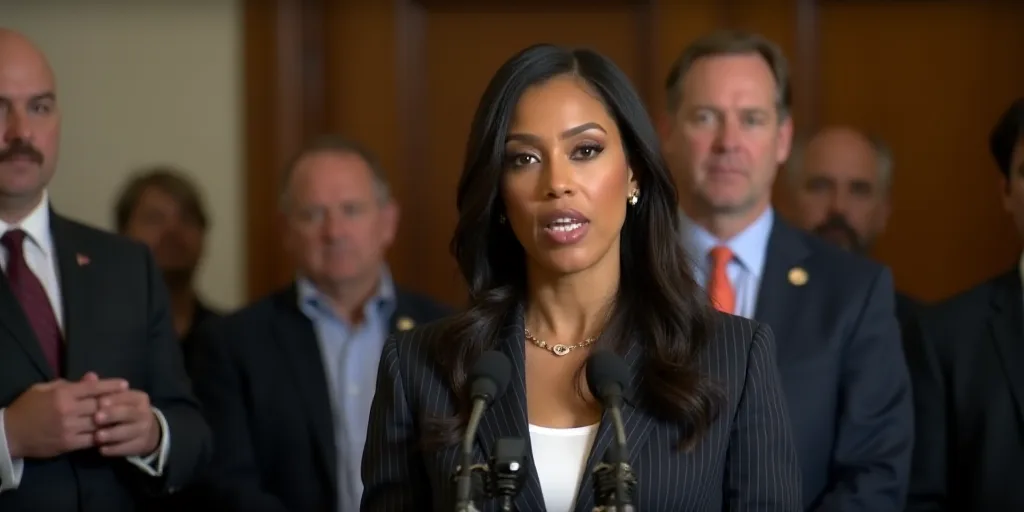 a woman in a suit speaking into microphones at a press conference with a man in the background looki