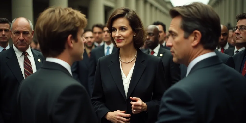 a woman in a suit talking to two men in a crowd of people in suits and ties, all looking at somethin
