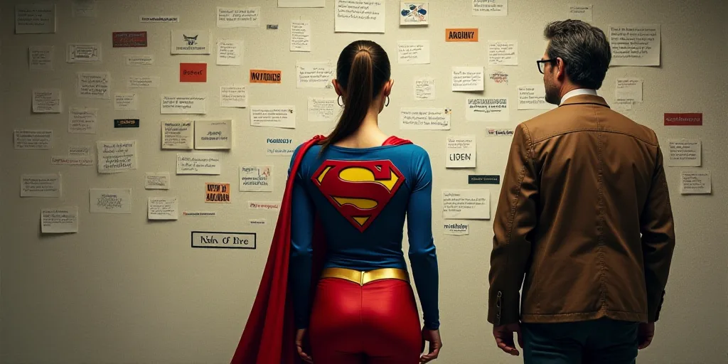 a woman in a superman costume standing in front of a wall with many messages on it and a man in a br