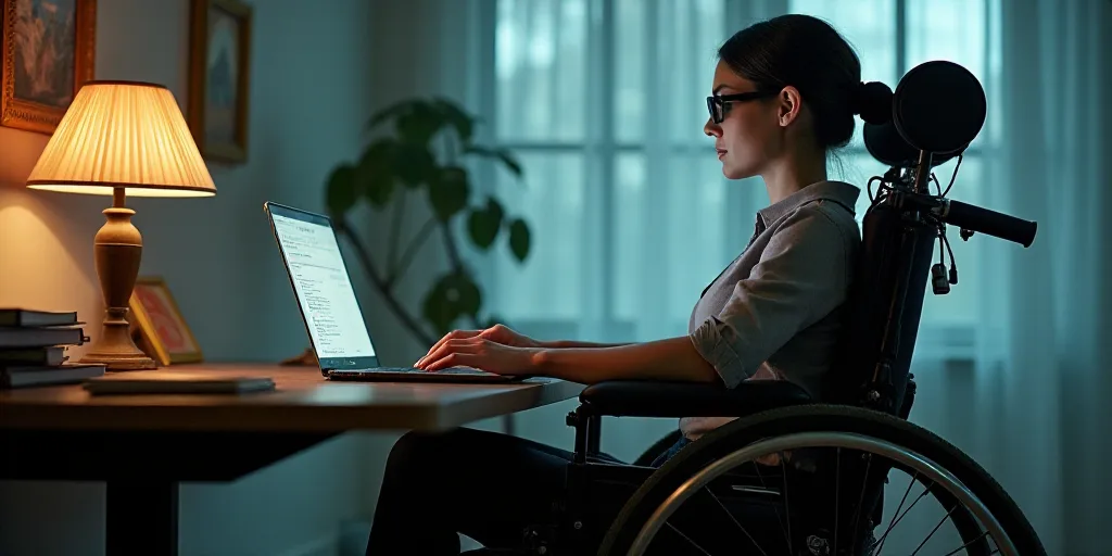 a woman in a wheelchair working on a laptop computer at a desk with a lamp on top of it, Claire Falk