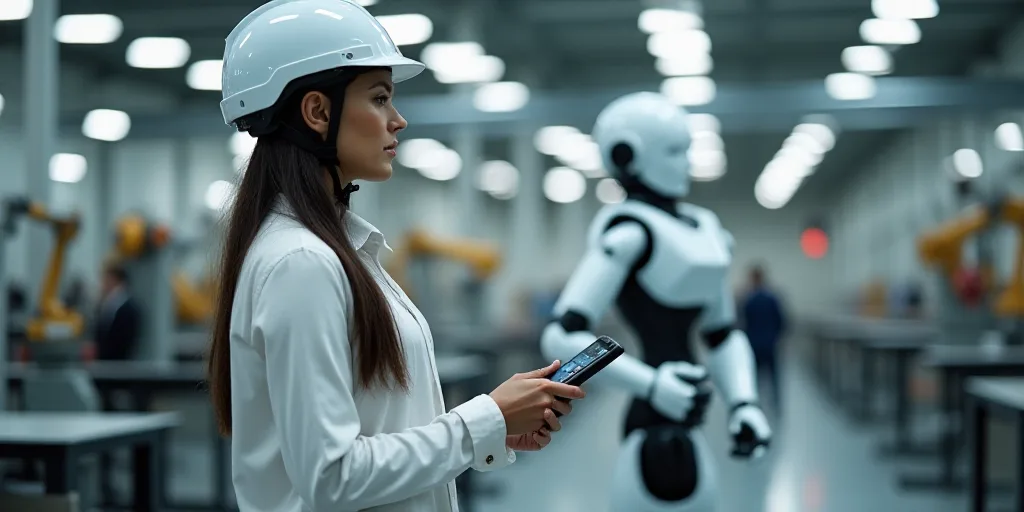 a woman in a white helmet holding a remote control in a factory with robotic arms in the background