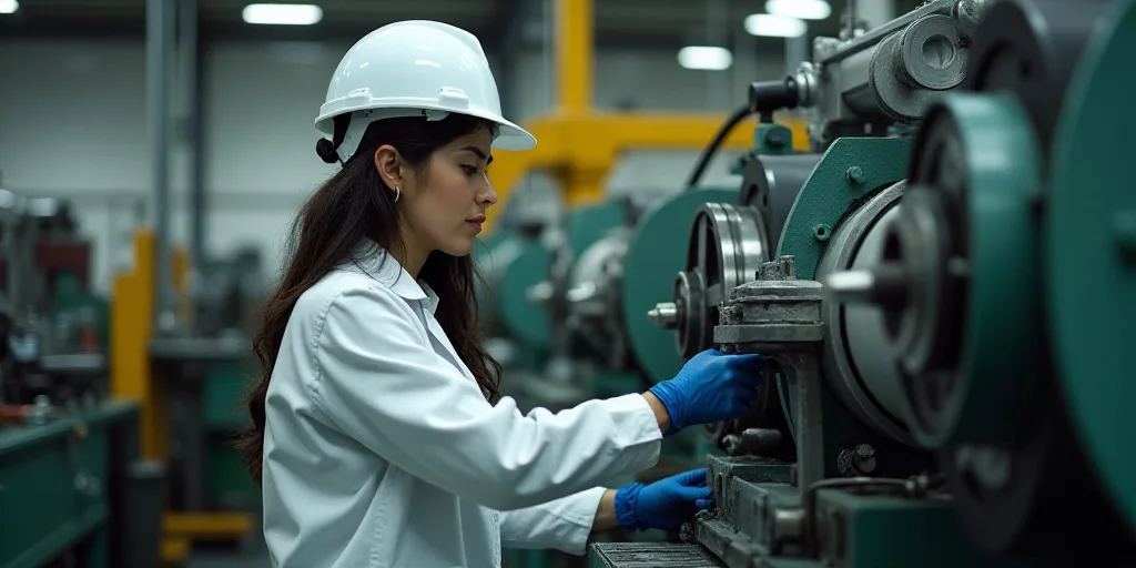 a woman in a white jacket and hard hat working on a machine in a factory with other machines in the