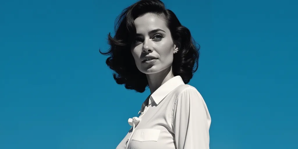 a woman in a white shirt and a blue background with a black and white photo of her and the words cla