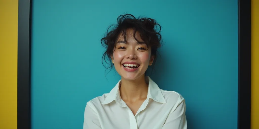 a woman in a white shirt is smiling for the camera with a blue background and a black and yellow bor