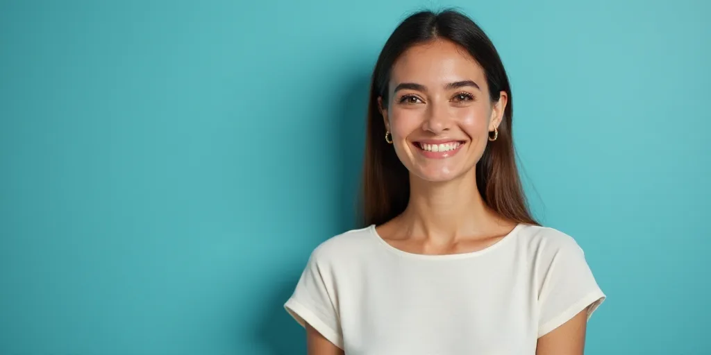 a woman in a white top is smiling for the camera with a blue background and a black and yellow borde