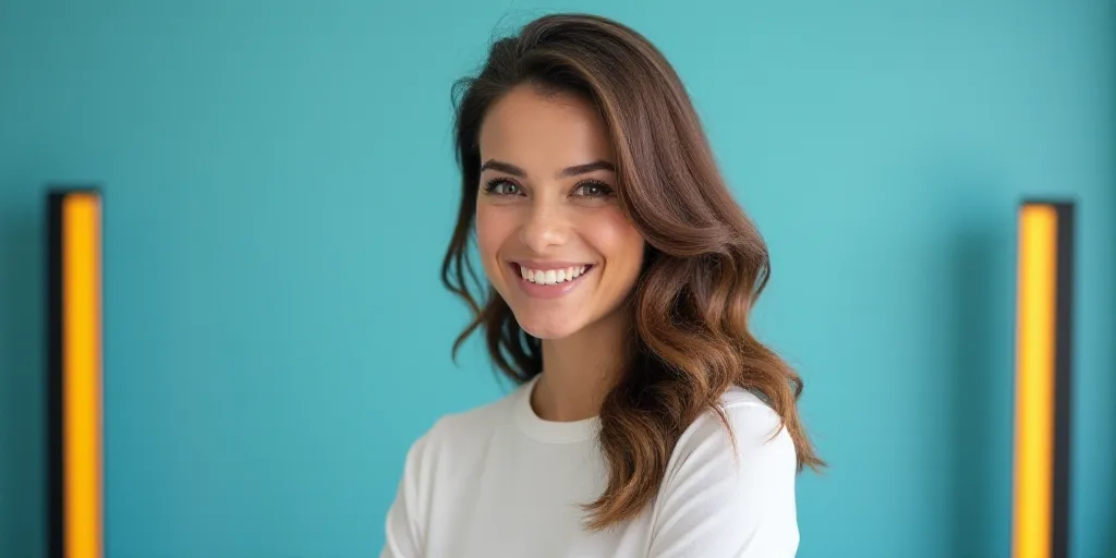 a woman in a white top is smiling for the camera with a blue background and a black and yellow borde