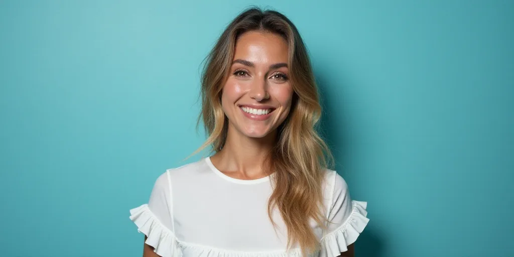 a woman in a white top is smiling for the camera with a blue background and a black and yellow borde