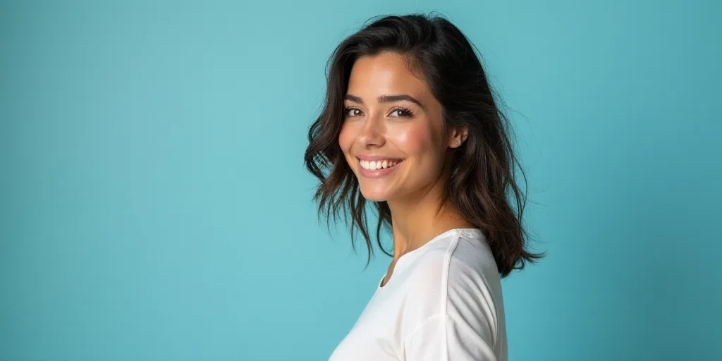 a woman in a white top is smiling for the camera with a blue background and a black and yellow borde