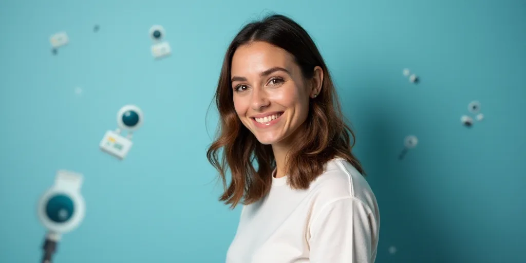 a woman in a white top is smiling for the camera with a blue background and a black and yellow borde