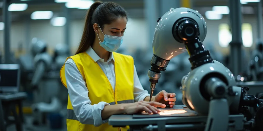a woman in a yellow vest and a mask working on a machine in a factory with other machinery in the ba