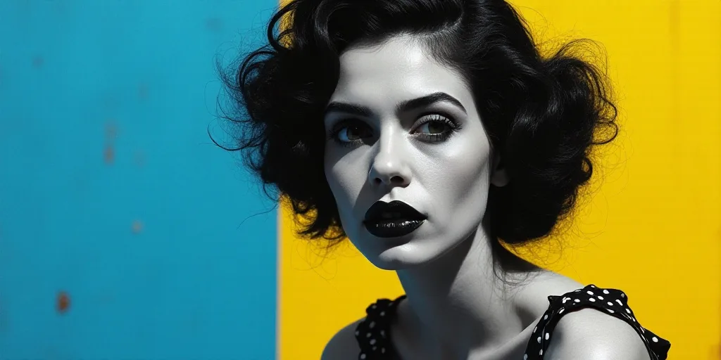 a woman in black and white with a blue background and a blue and yellow background with a black and