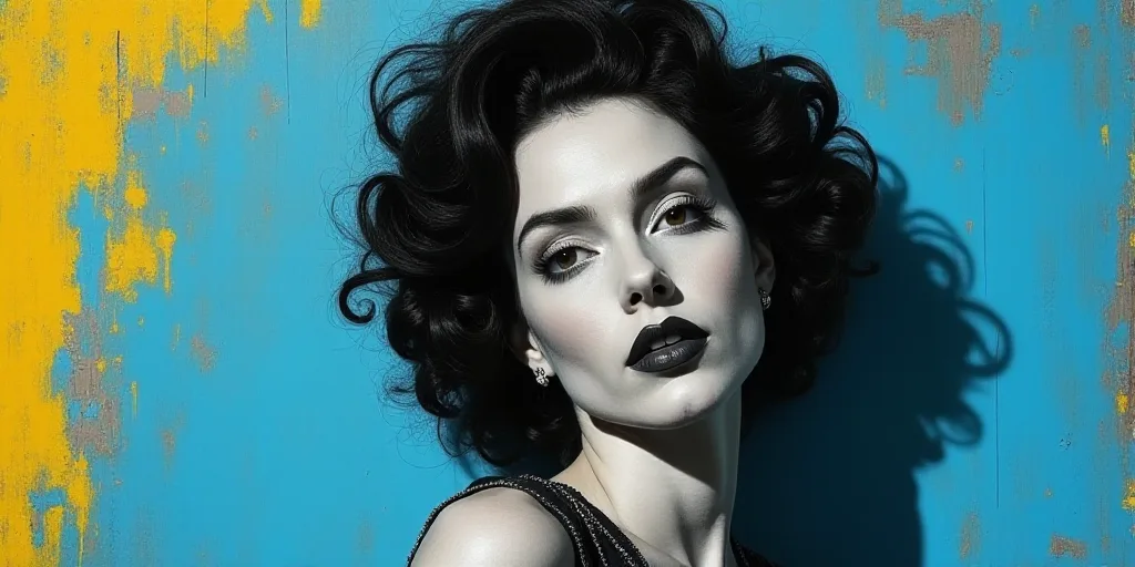 a woman in black and white with a blue background and a blue and yellow background with a black and