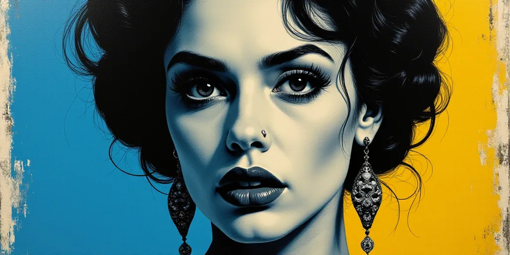 a woman in black and white with a blue background and a blue and yellow background with a black and