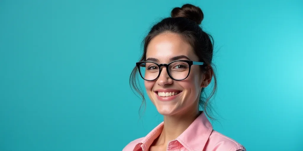 a woman in glasses is smiling for the camera with a blue background and a black and white photo of h