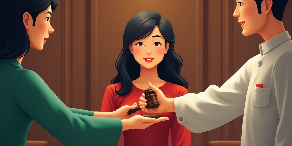 a woman is being handed a judge's gavel by a woman in a green dress and a man in a white shirt, Cui