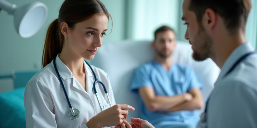 a woman is getting her finger examined by a doctor in a hospital room with a patient in the backgrou