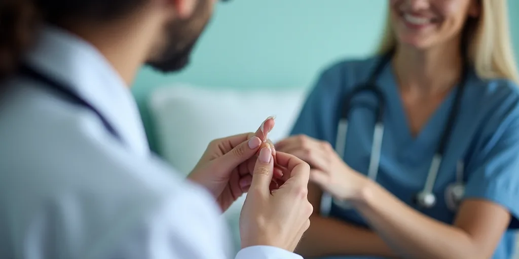 a woman is getting her finger examined by a doctor in a hospital room with a patient in the backgrou