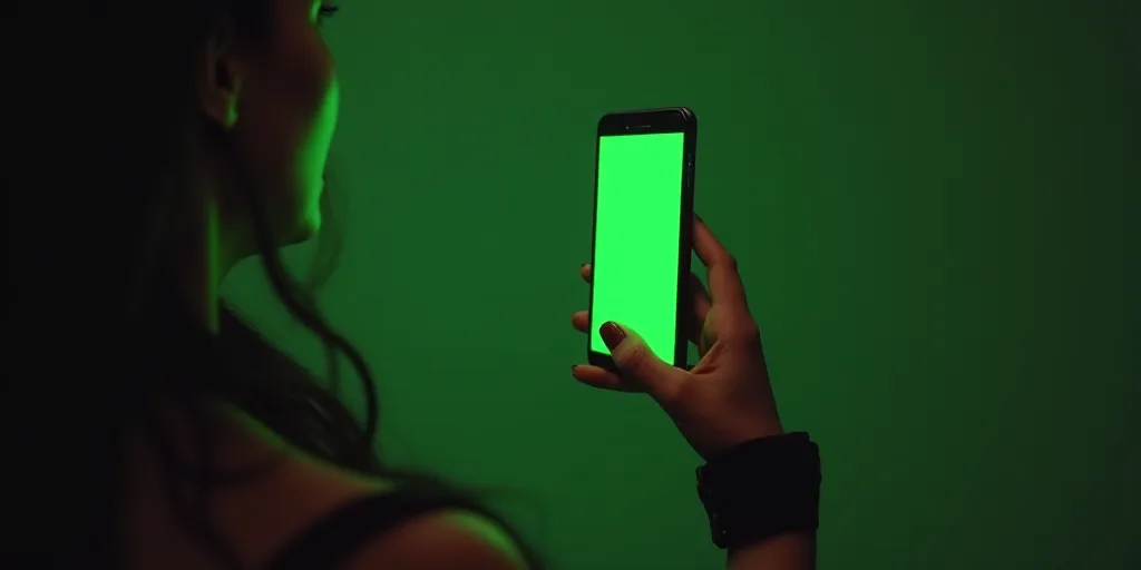 a woman is holding a cell phone with a green screen on it and a green arrow on the screen, Évariste