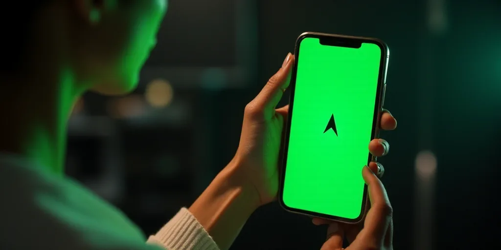 a woman is holding a cell phone with a green screen on it and a green arrow on the screen, Évariste