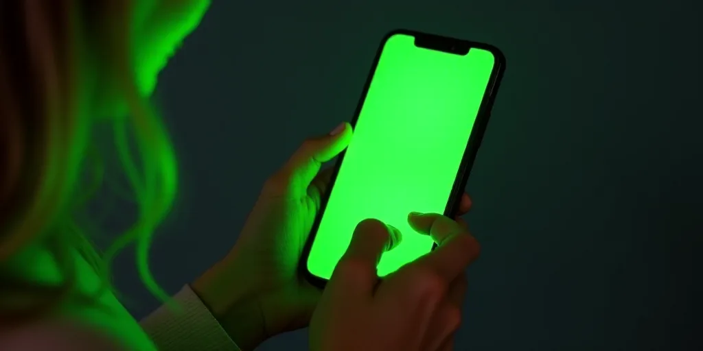a woman is holding a cell phone with a green screen on it and a green arrow on the screen, Évariste