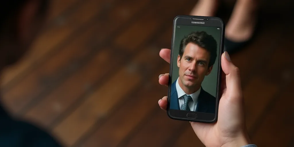 a woman is holding a cell phone with a picture of a man on it and a woman's feet in the background,