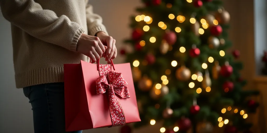 a woman is holding a gift bag in front of a christmas tree and a christmas tree in the background, A
