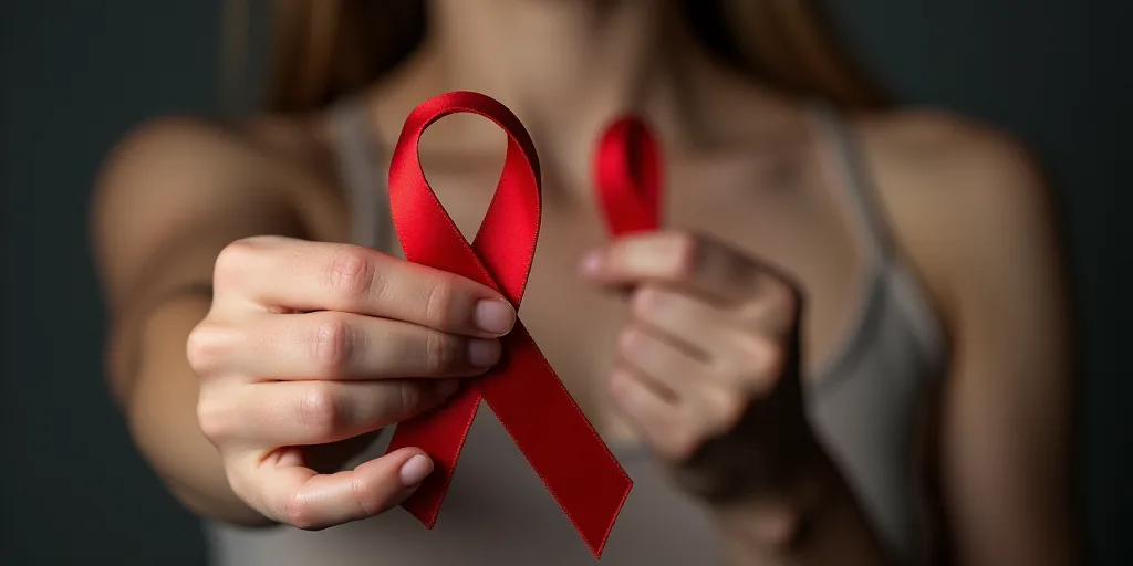a woman is holding a red ribbon with a pin in it's middle of her finger and a pin in her other hand,