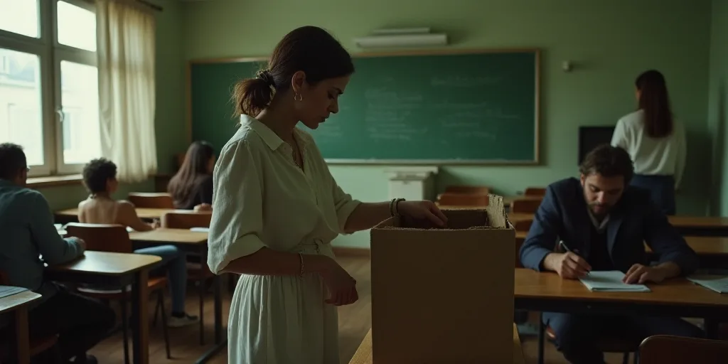 a woman is looking at a box in a classroom with other people sitting at desks and a woman standing i
