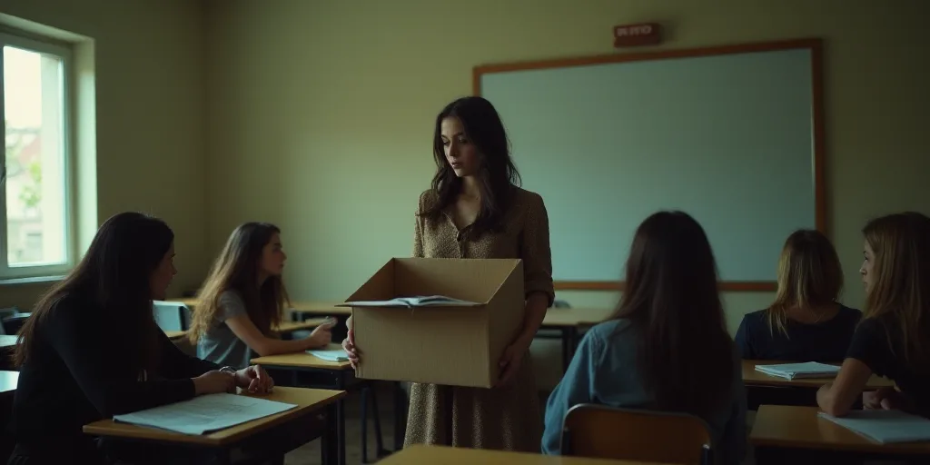 a woman is looking at a box in a classroom with other people sitting at desks and a woman standing i