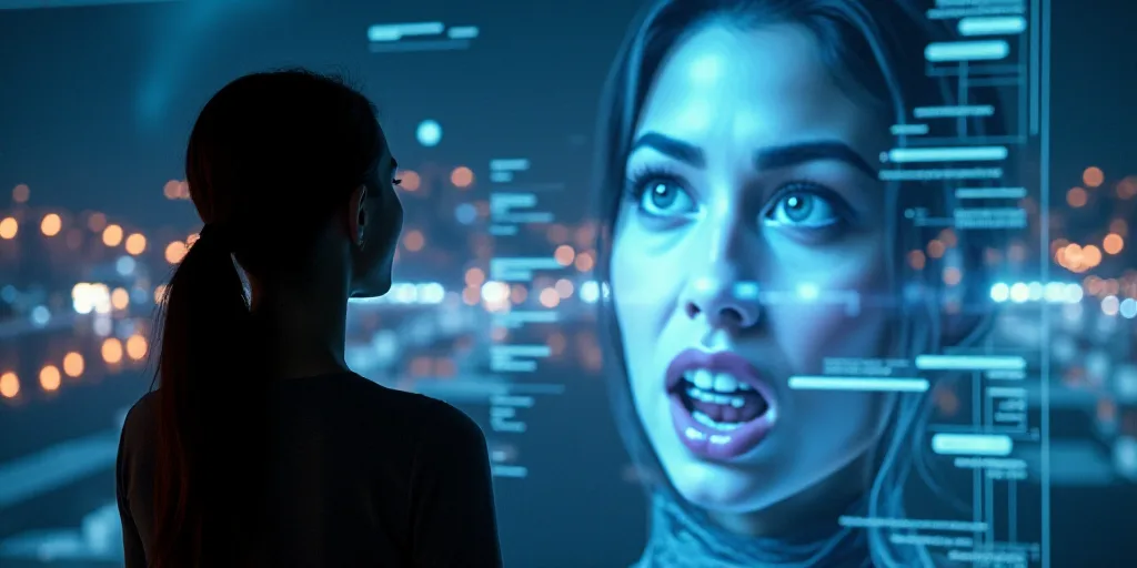 a woman is looking at a display of a city at night with a digital image of a woman in the background