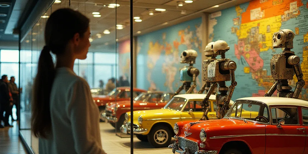 a woman is looking at a display of cars in a store window display area with people standing around a