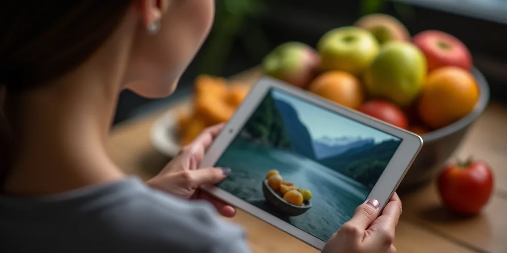 a woman is looking at a tablet screen with a video on it and a bowl of fruit in the background, Avgu