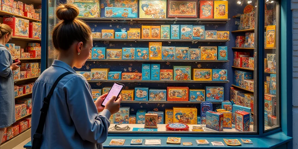 a woman is looking at her cell phone in a store window display of toys and games on display in a sto