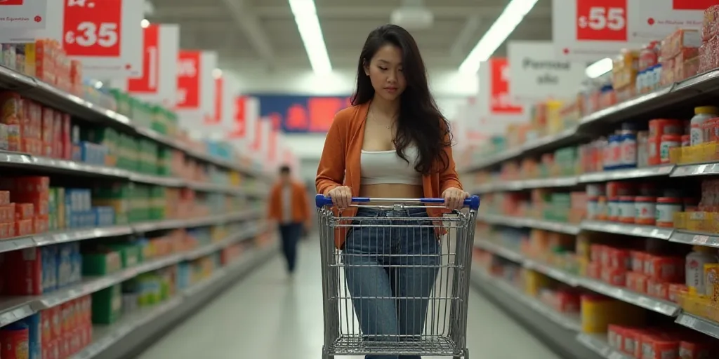 a woman is pushing a shopping cart in a store with a lot of signs in the background that say 55 cent