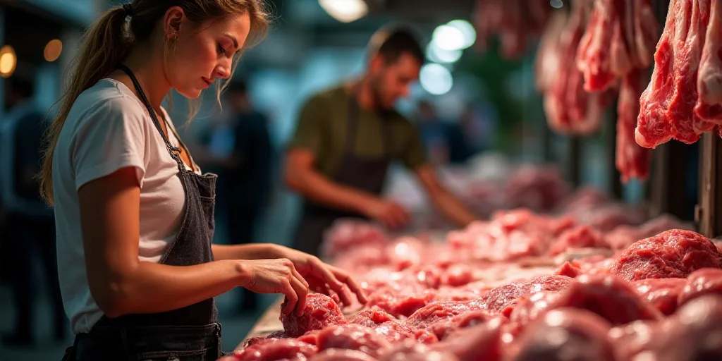 a woman is shopping for meat at a market stall with a man in the background looking at the meat, Cef