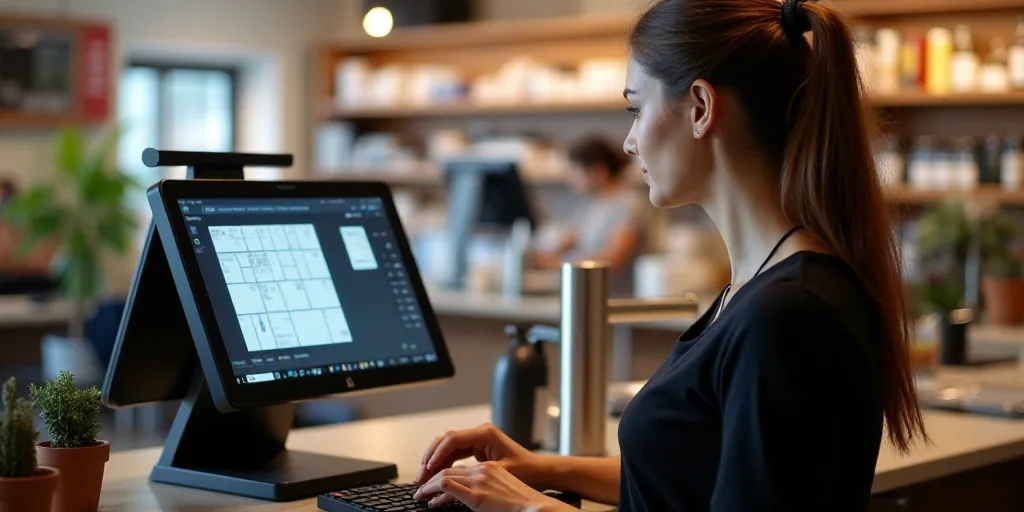 a woman is sitting at a cash register in a store and she is looking at the screen of the machine, An