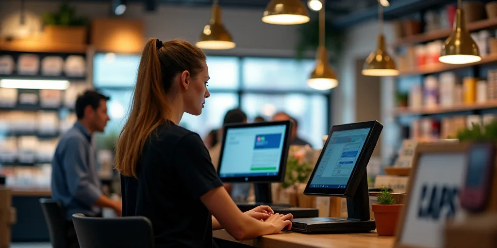 a woman is sitting at a cash register in a store and she is looking at the screen of the machine, An